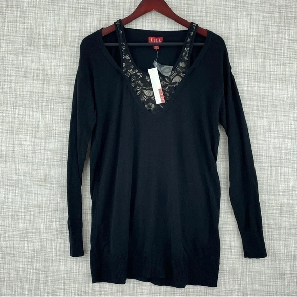 NWT Elle Women's Large long sleeve thin black sweater 8371 - Picture 1 of 8